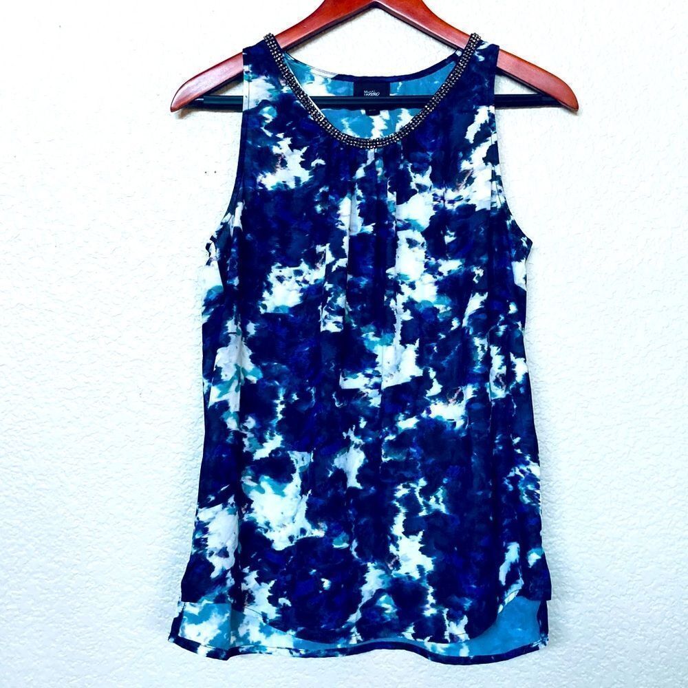 Mossimo Blue Navy Teal Print Beaded Neckline Dressy Sleeveless Blouse Top XS